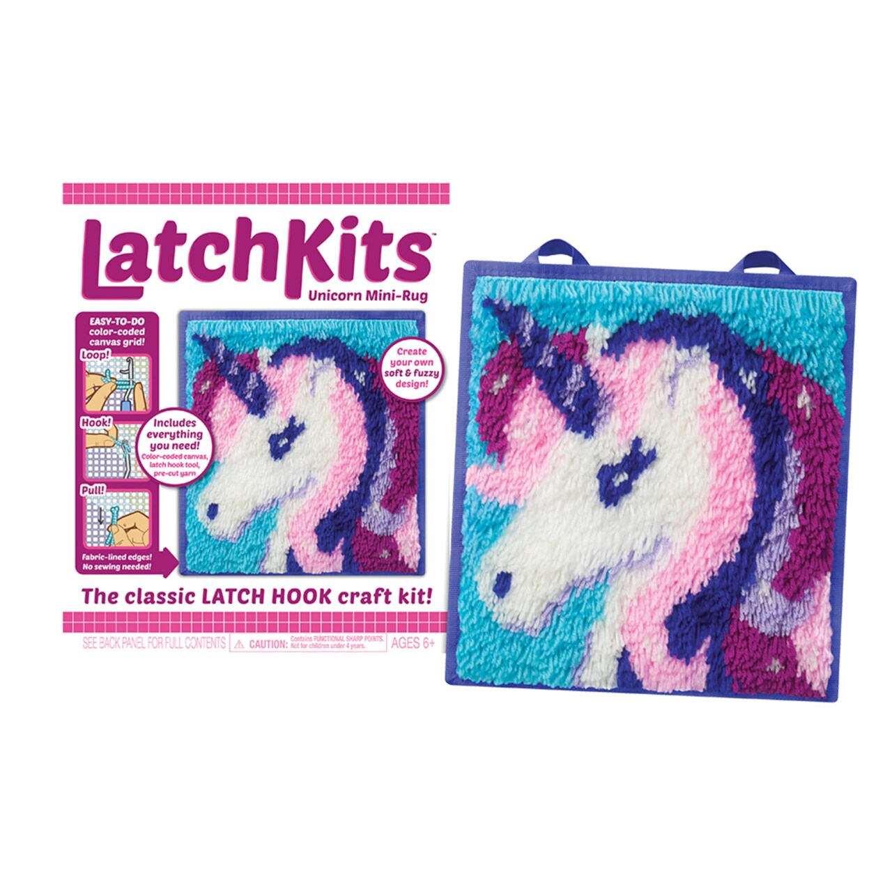 LatchKits Latch Hook Kits for Kids – Kids Crafts, Arts and Crafts, Yarn Art, Wall Hanging & Mini-Rugs, Craft Supplies, Pre-Cut Yarm, Easy Pattern, Hook Included, Arts & Craft, Ages 6+, Unicorn